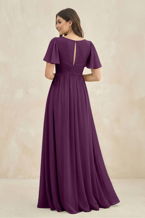 Fig Short Sleeve Chiffon V-Neck A-Line Bridesmaid Dress (2) | KISSBRIDAL