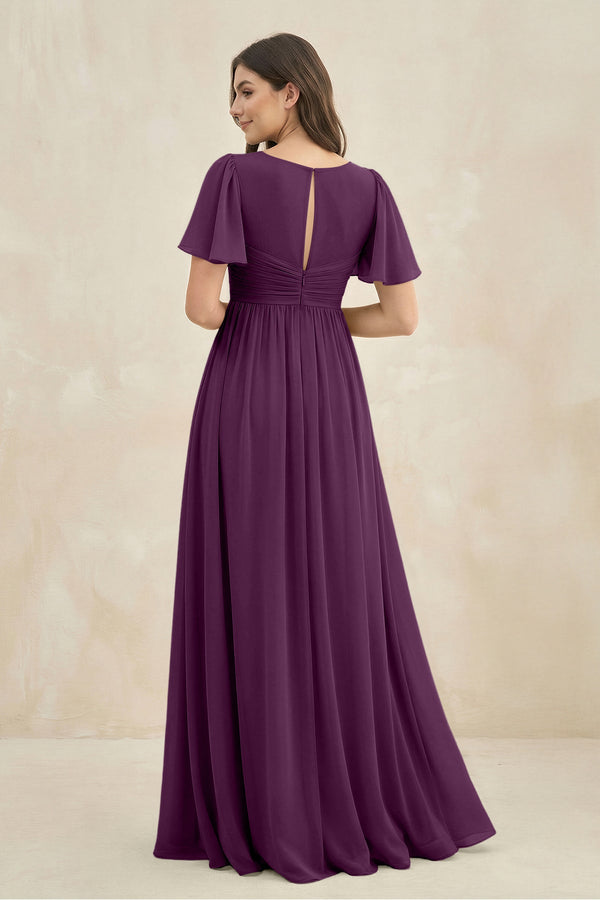 Fig Short Sleeve Chiffon V-Neck A-Line Bridesmaid Dress (2) | KISSBRIDAL