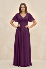 Fig Short Sleeve Chiffon V-Neck A-Line Bridesmaid Dress | KISSBRIDAL