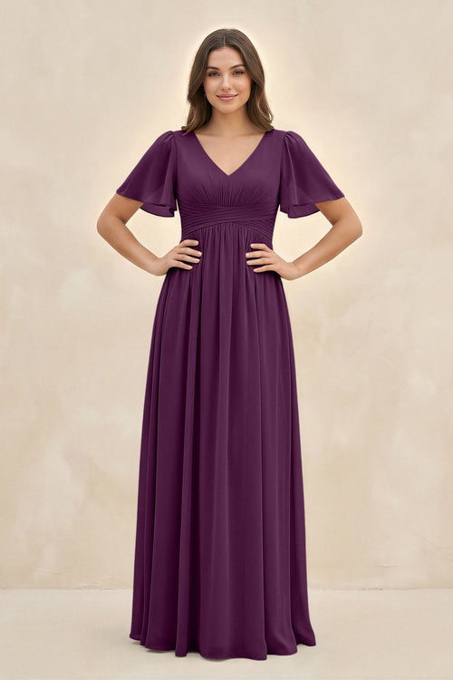 Fig Short Sleeve Chiffon V-Neck A-Line Bridesmaid Dress | KISSBRIDAL