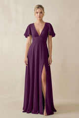 Fig V-Neck Ruffled Short Sleeves A-Line Bridesmaid Dress | KISSBRIDAL