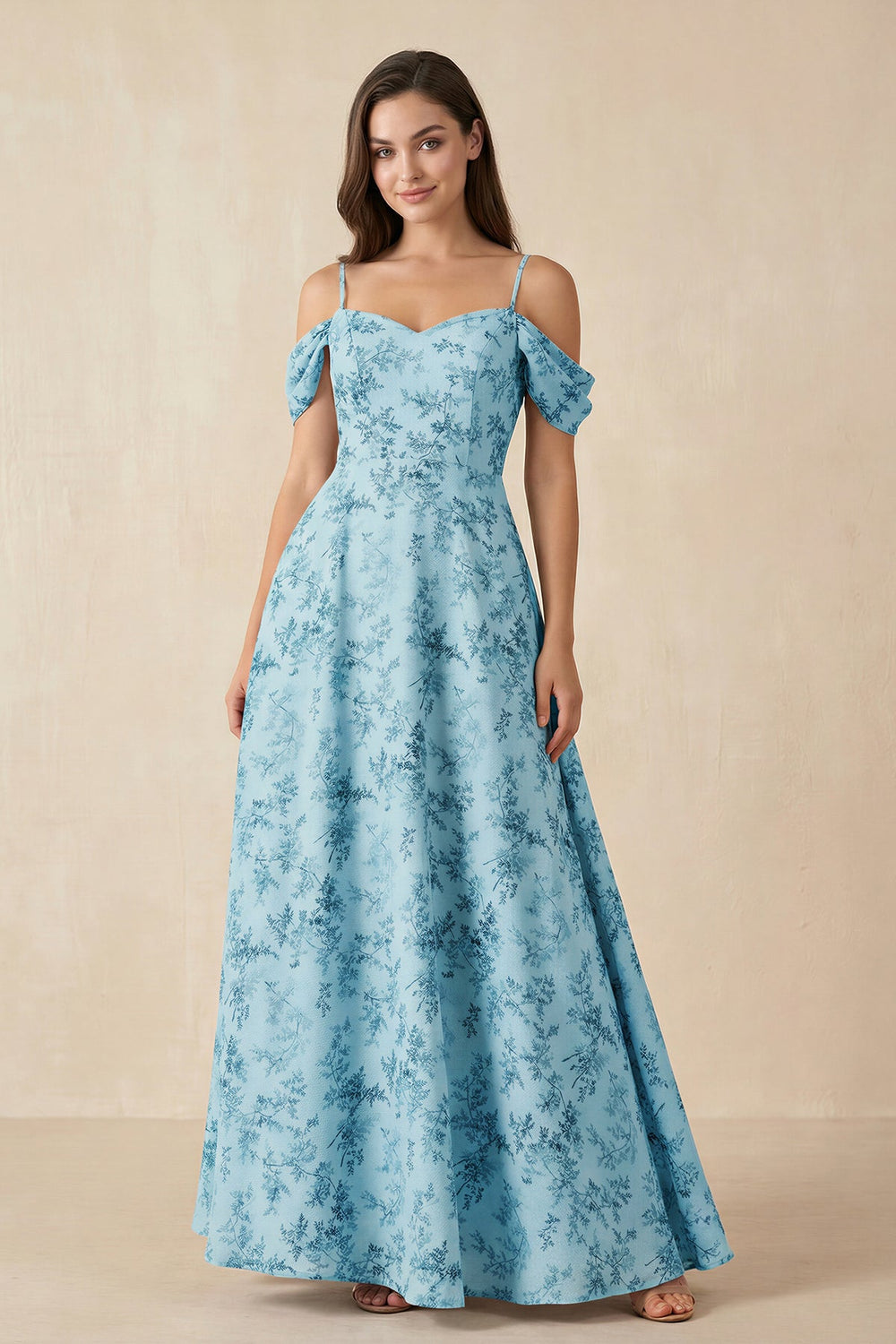 Floral Chiffon Off-the-Shoulder A-Line Bridesmaid Dress in Adriatic Blue