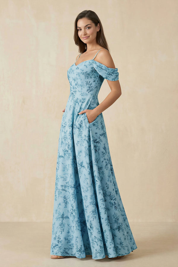Floral Chiffon Off - the - Shoulder A - Line Bridesmaid Dress in Adriatic Blue - KISS BRIDAL Bridesmaid Dresses