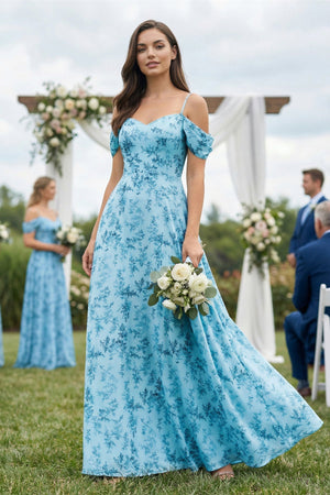 Floral Chiffon Off - the - Shoulder A - Line Bridesmaid Dress in Adriatic Blue - KISS BRIDAL Bridesmaid Dresses