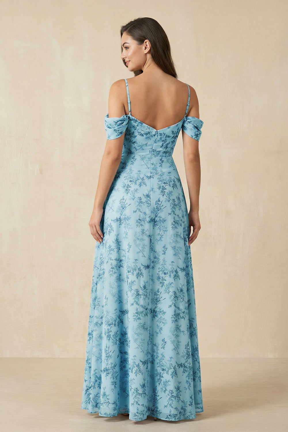 Floral Chiffon Off-the-Shoulder A-Line Bridesmaid Dress in Adriatic Blue