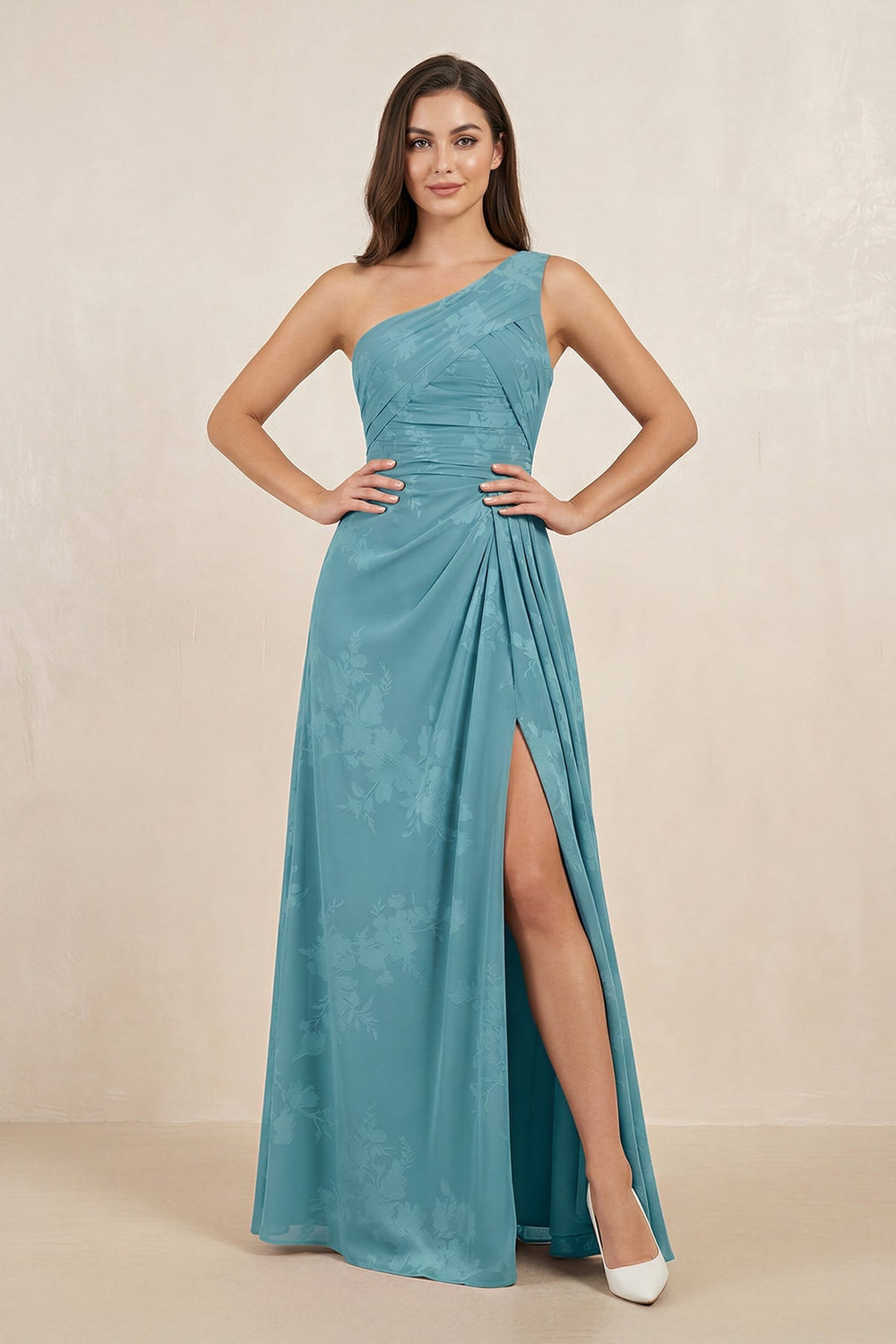 Floral Printed One-Shoulder A-Line Chiffon Bridesmaid Dress in Adriatic Blue
