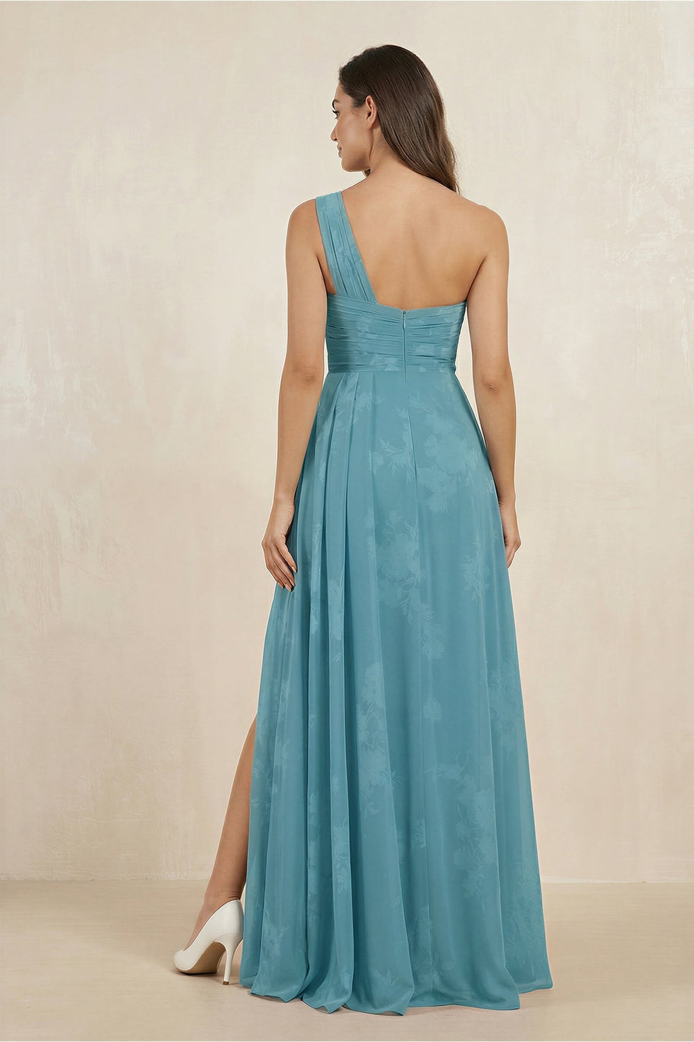 Floral Printed One-Shoulder A-Line Chiffon Bridesmaid Dress in Adriatic Blue
