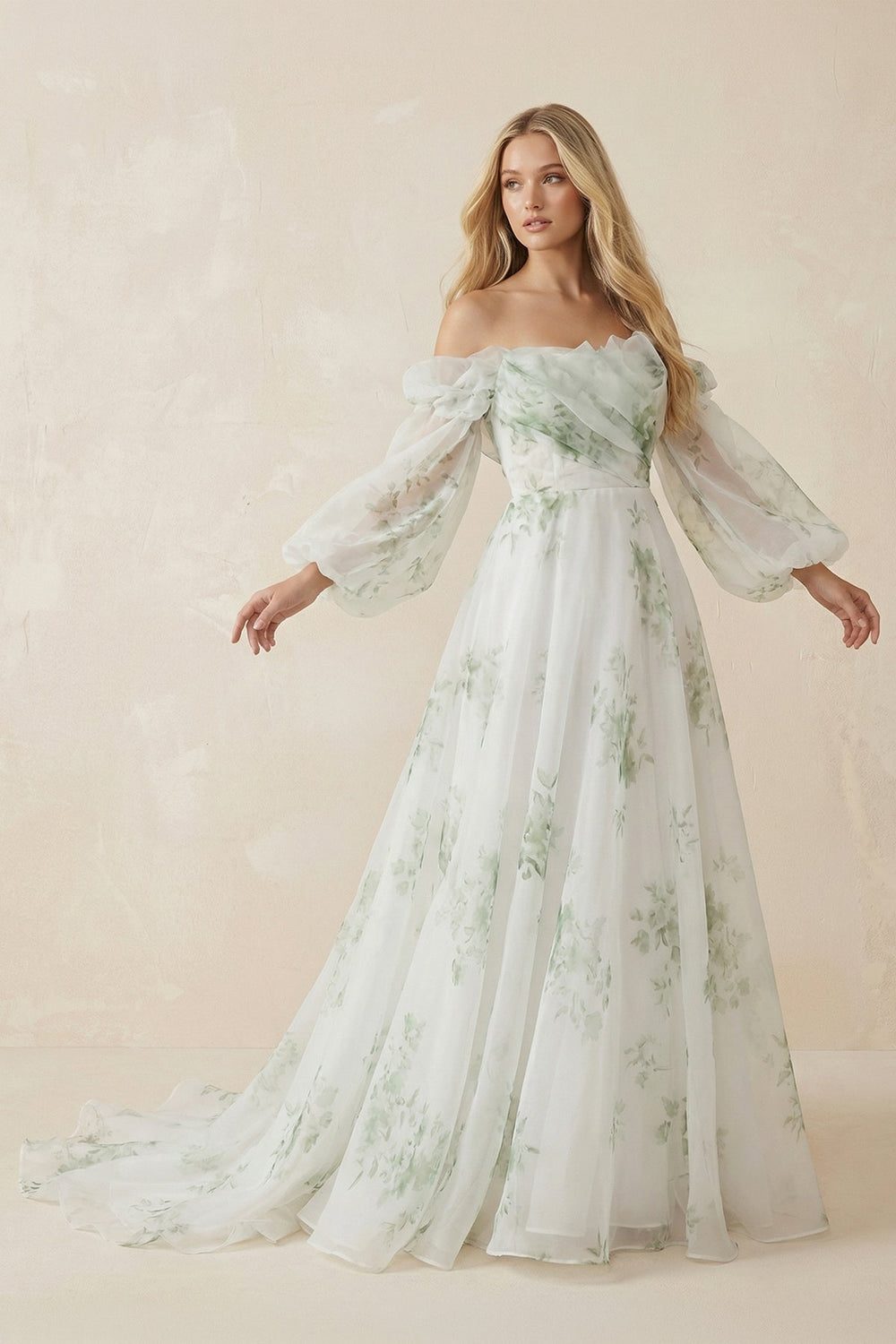 Floral Printed Organza A-Line Off-the-Shoulder Wedding Dress in White