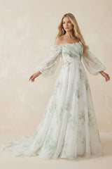 Floral Printed Organza A - Line Off - the - Shoulder Wedding Dress in White - KISS BRIDAL Wedding Dresses