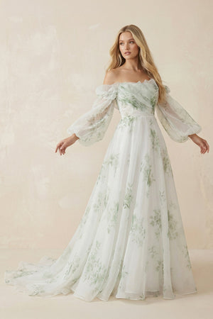 Floral Printed Organza A - Line Off - the - Shoulder Wedding Dress in White - KISS BRIDAL Wedding Dresses