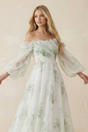 Floral Printed Organza A - Line Off - the - Shoulder Wedding Dress in White - KISS BRIDAL Wedding Dresses