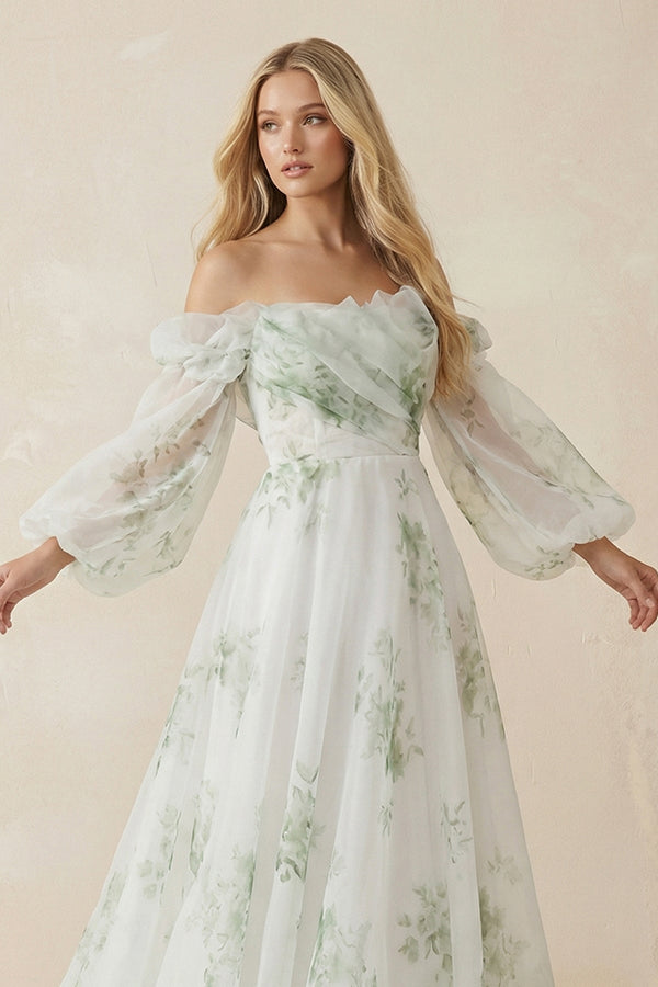 Floral Printed Organza A - Line Off - the - Shoulder Wedding Dress in White - KISS BRIDAL Wedding Dresses