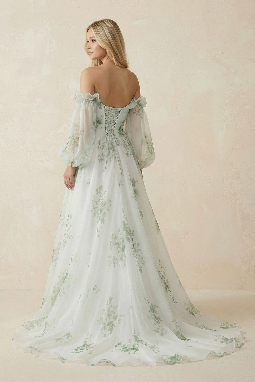 Floral Printed Organza A-Line Off-the-Shoulder Wedding Dress in White