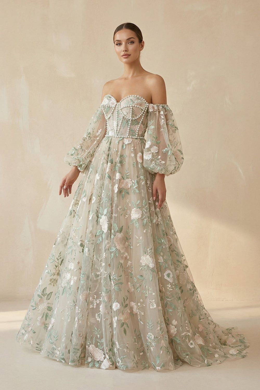 Floral Sweetheart Wedding Dresses in Sage