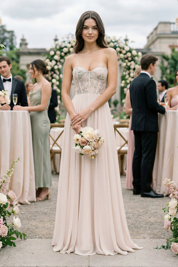 Floral Sweetheart Corset A - Line Chiffon Bridesmaid Dress - KISS BRIDAL Bridesmaid Dresses