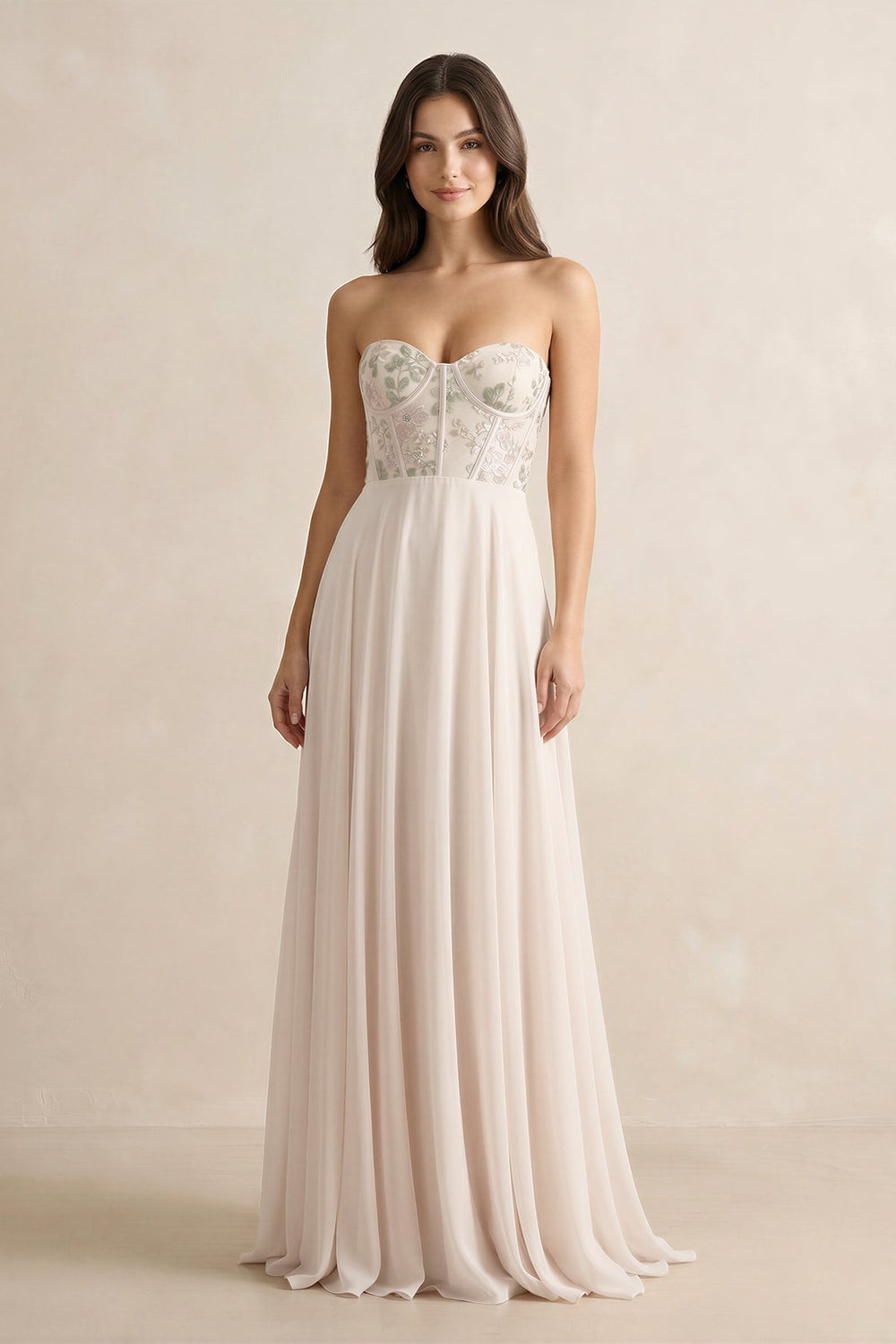 Floral Sweetheart Corset A-Line Chiffon Bridesmaid Dress in Pale Blush