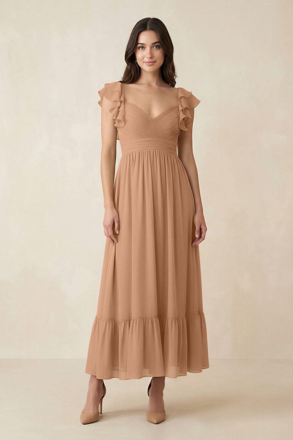 Flutter Sleeve Sweetheart A-Line Chiffon Bridesmaid Dress in Bronzer