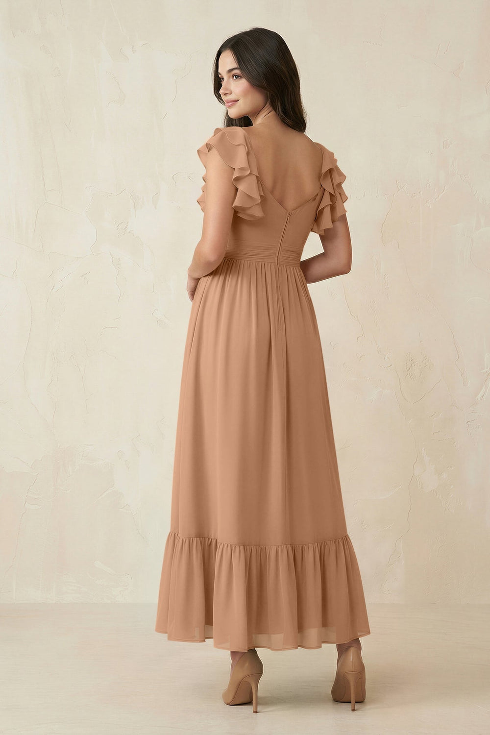Flutter Sleeve Sweetheart A-Line Chiffon Bridesmaid Dress in Bronzer