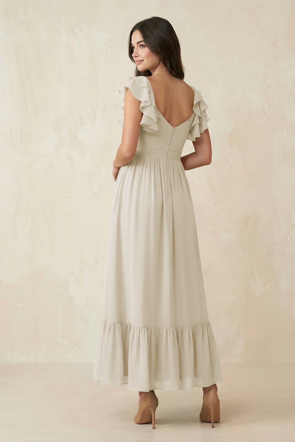 Flutter Sleeve Sweetheart A-Line Chiffon Bridesmaid Dress in Dove Gray