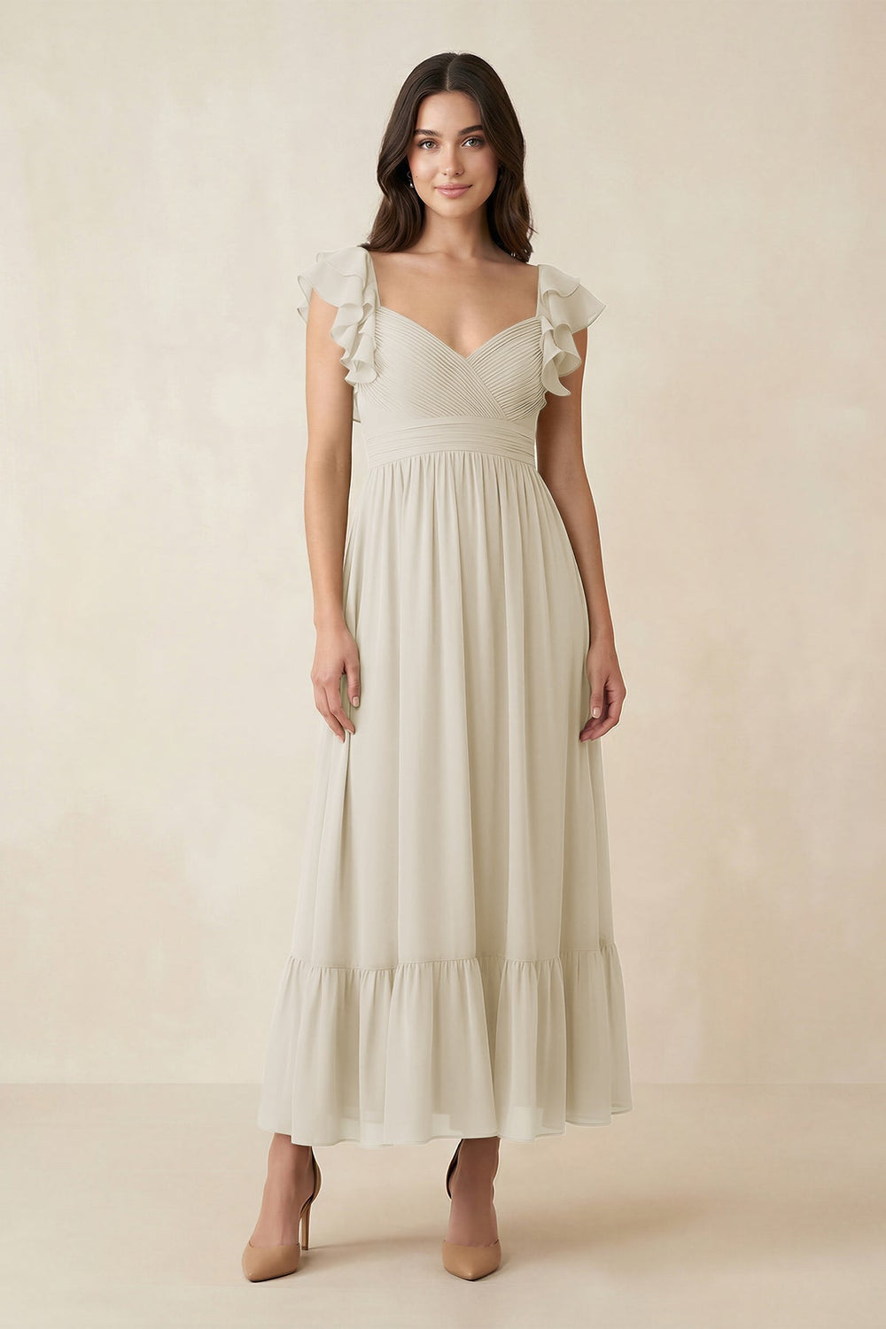 Flutter Sleeve Sweetheart A-Line Chiffon Bridesmaid Dress in Dove Gray