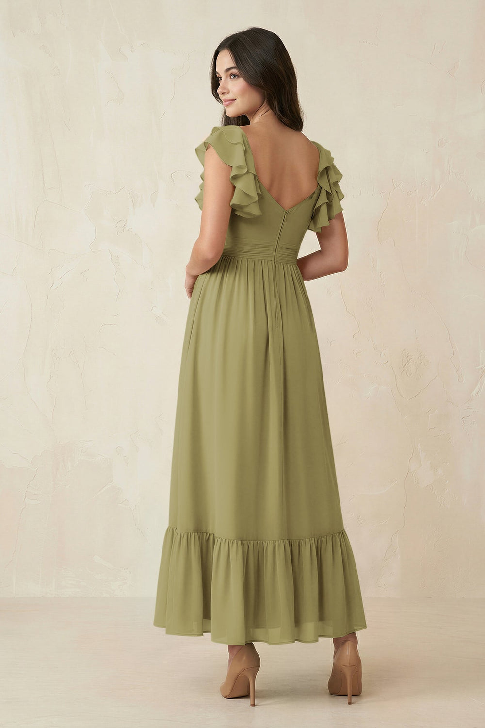 Flutter Sleeve Sweetheart A-Line Chiffon Bridesmaid Dress in Moss Green
