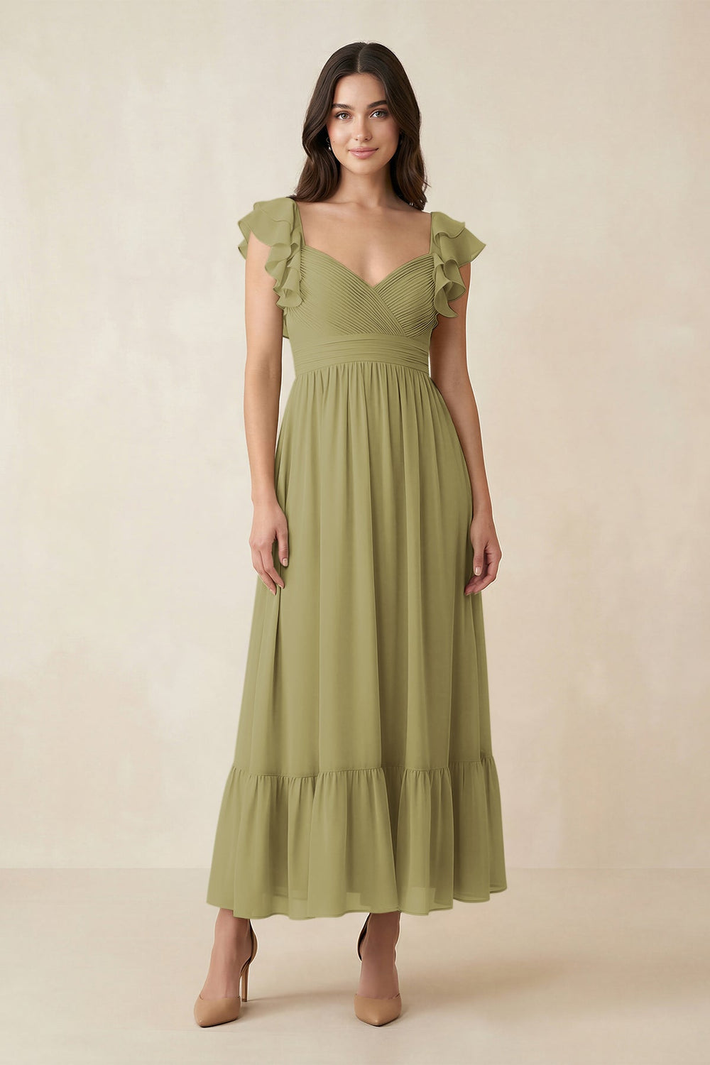 Flutter Sleeve Sweetheart A-Line Chiffon Bridesmaid Dress in Moss Green