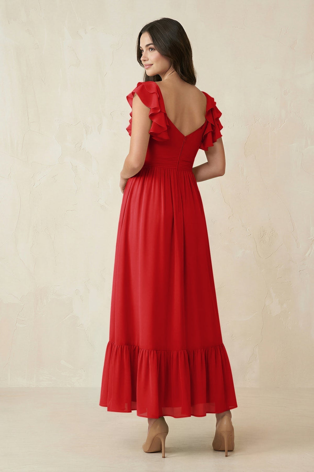 Flutter Sleeve Sweetheart A-Line Chiffon Bridesmaid Dress in Ruby Red