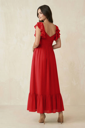 Flutter Sleeve Sweetheart A - Line Chiffon Bridesmaid Dress in Ruby Red - KISS BRIDAL Bridesmaid Dresses