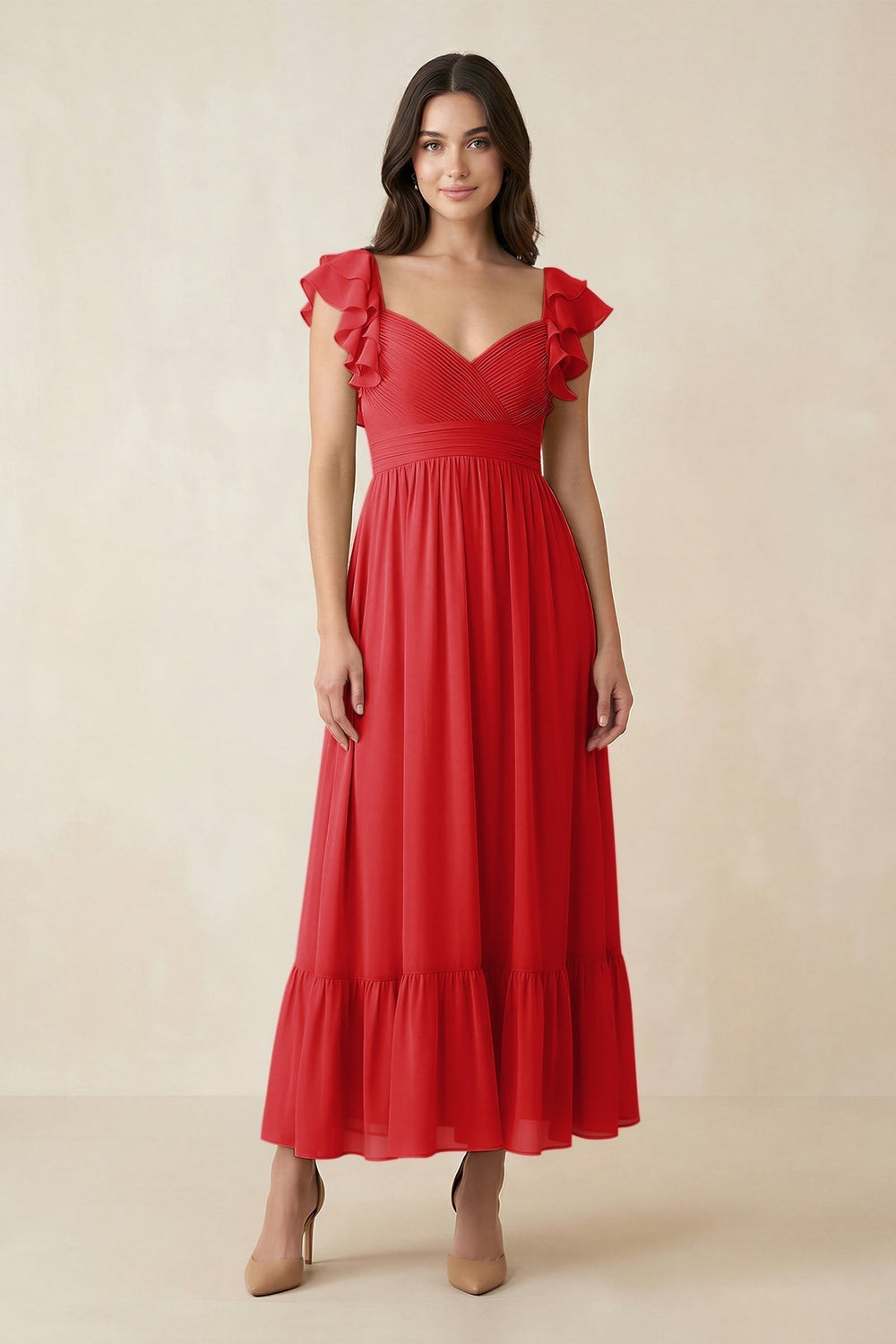 Flutter Sleeve Sweetheart A-Line Chiffon Bridesmaid Dress in Ruby Red
