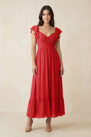 Flutter Sleeve Sweetheart A - Line Chiffon Bridesmaid Dress in Ruby Red - KISS BRIDAL Bridesmaid Dresses