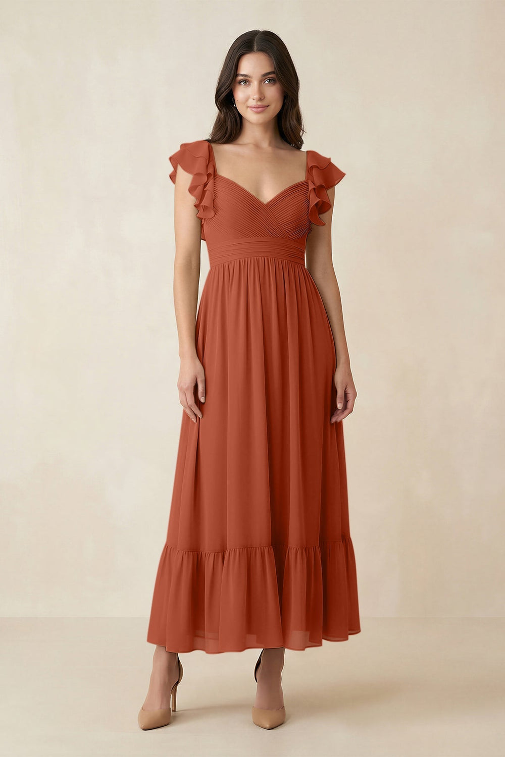 Flutter Sleeve Sweetheart A-Line Chiffon Bridesmaid Dress in Spice