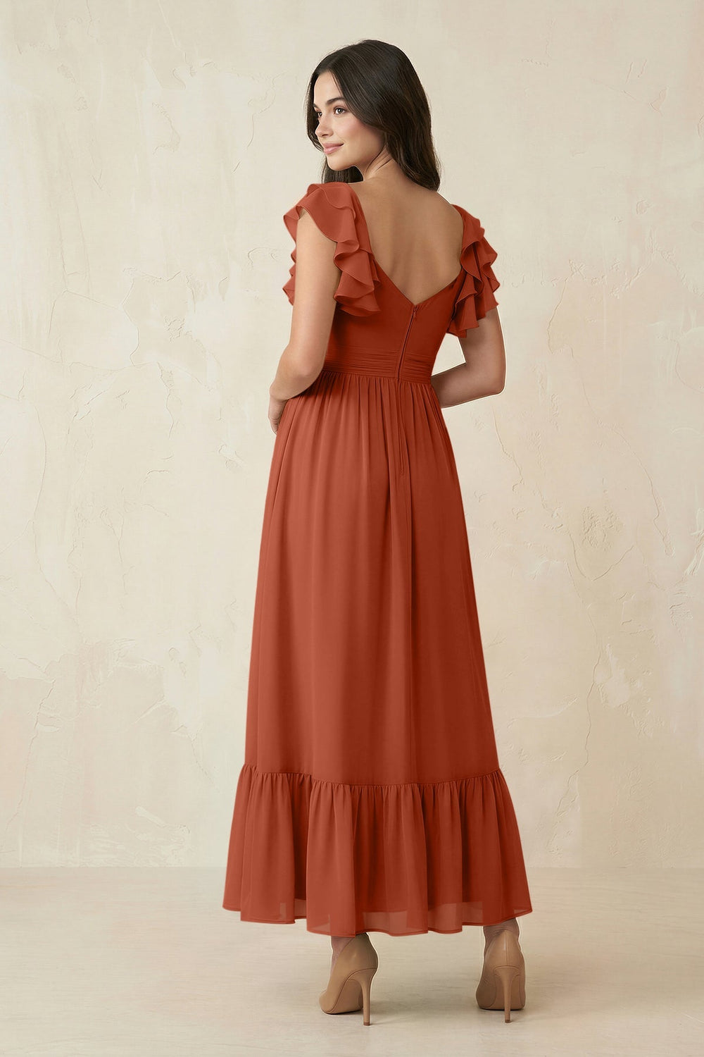 Flutter Sleeve Sweetheart A-Line Chiffon Bridesmaid Dress in Spice