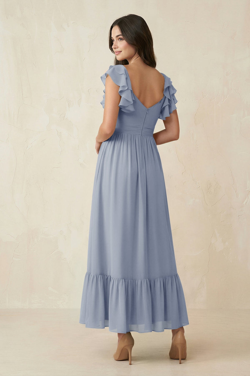 Flutter Sleeve Sweetheart A-Line Chiffon Bridesmaid Dress in Twilight