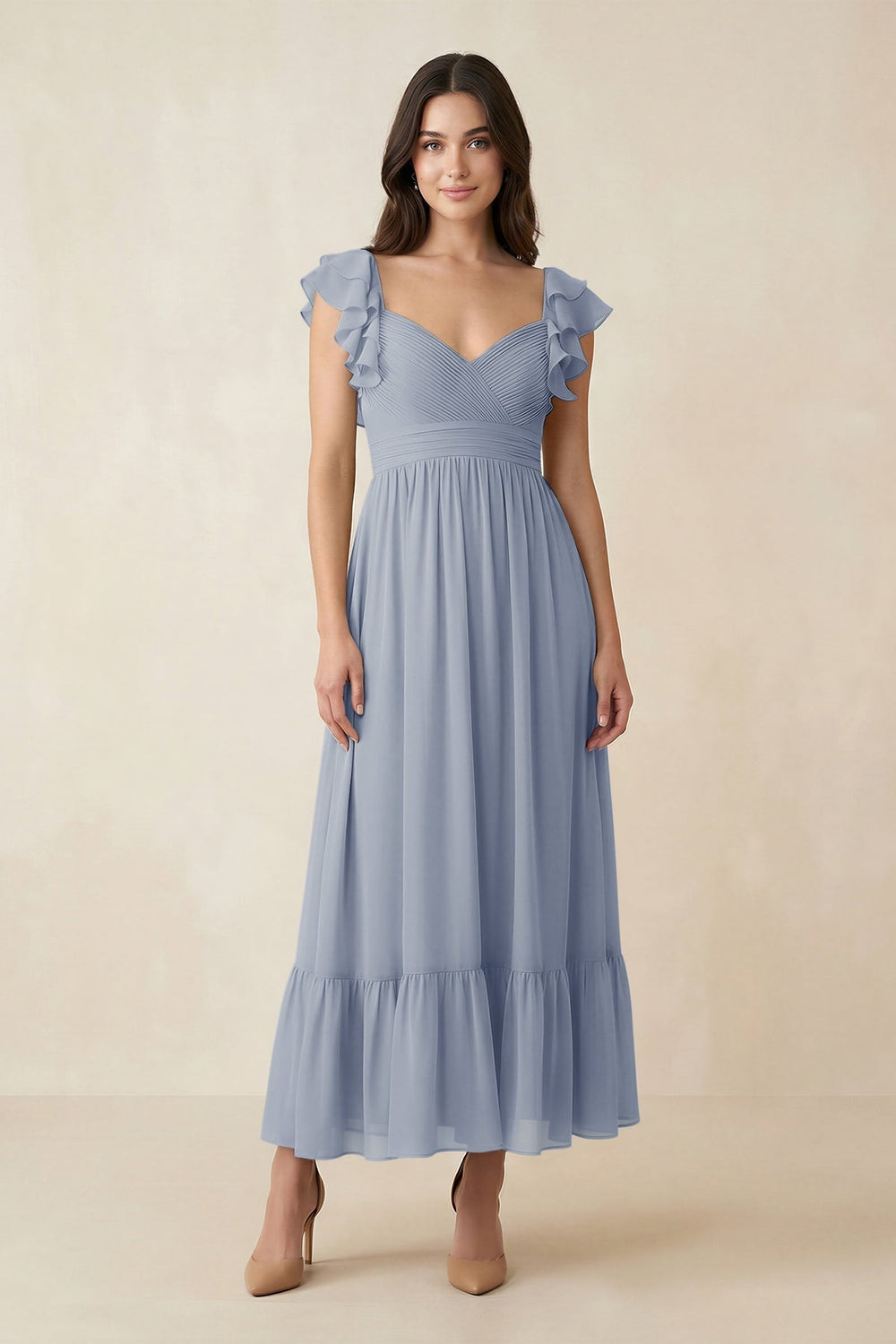 Flutter Sleeve Sweetheart A-Line Chiffon Bridesmaid Dress in Twilight