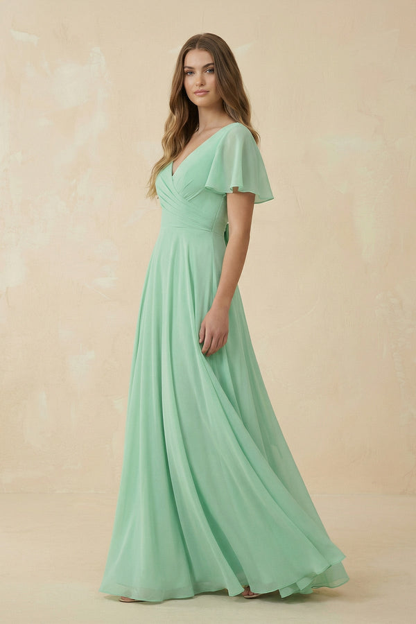 Flutter Sleeve V - Neck A - Line Chiffon Bridesmaid Dress - KISS BRIDAL Bridesmaid Dresses