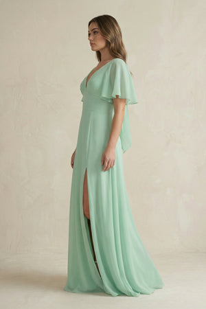 Flutter Sleeve V - Neck A - Line Chiffon Bridesmaid Dress - KISS BRIDAL Bridesmaid Dresses