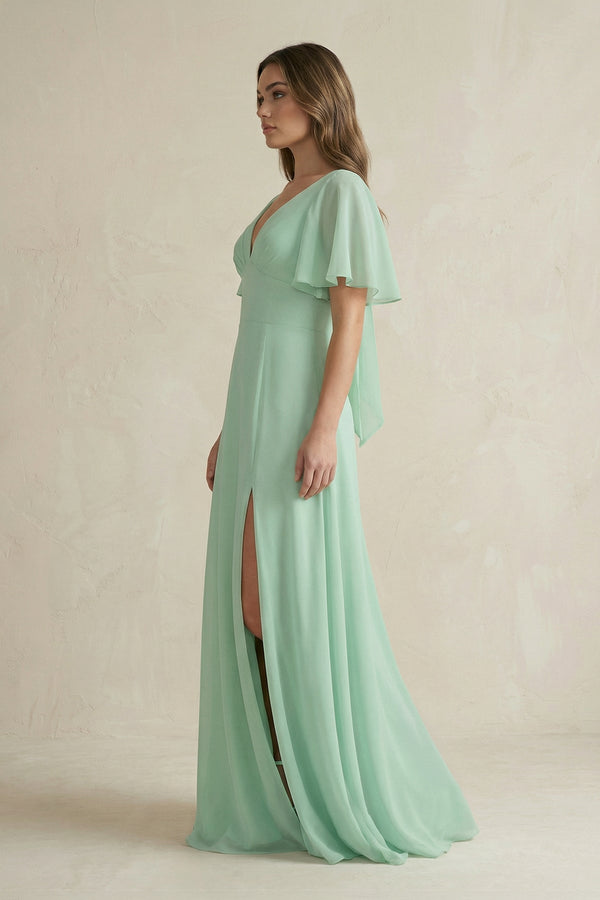 Flutter Sleeve V - Neck A - Line Chiffon Bridesmaid Dress - KISS BRIDAL Bridesmaid Dresses