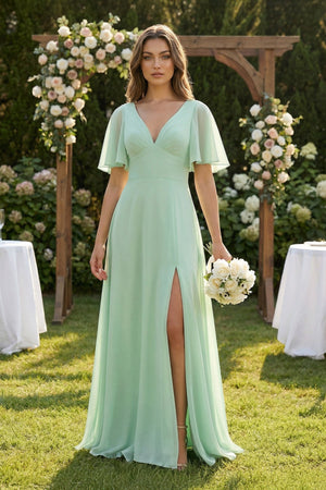Flutter Sleeve V - Neck A - Line Chiffon Bridesmaid Dress - KISS BRIDAL Bridesmaid Dresses