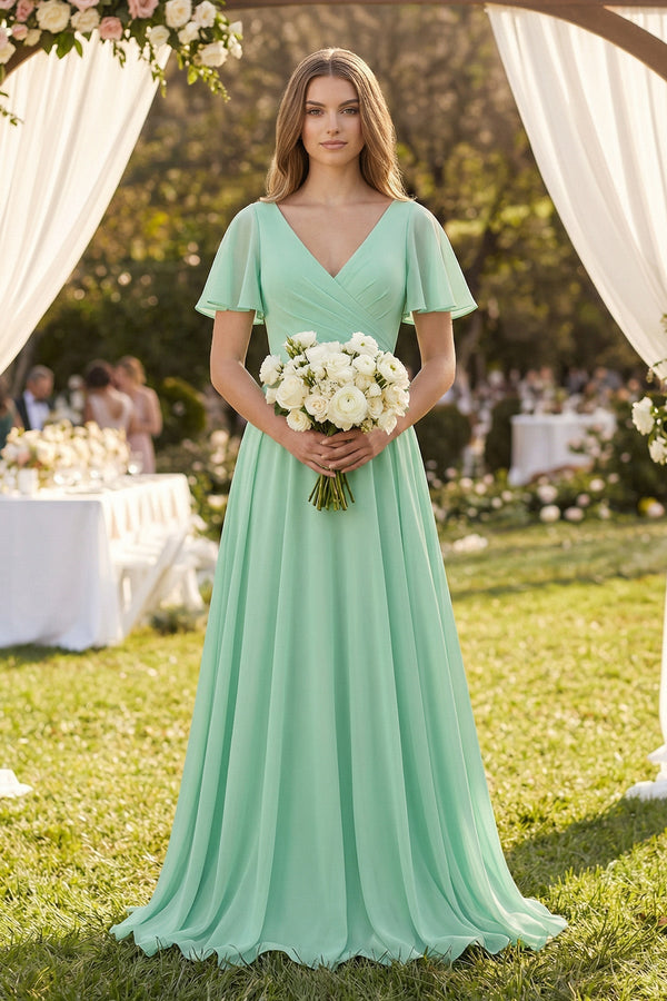 Flutter Sleeve V - Neck A - Line Chiffon Bridesmaid Dress - KISS BRIDAL Bridesmaid Dresses