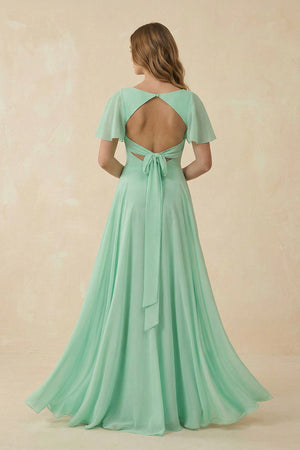 Flutter Sleeve V - Neck A - Line Chiffon Bridesmaid Dress - KISS BRIDAL Bridesmaid Dresses