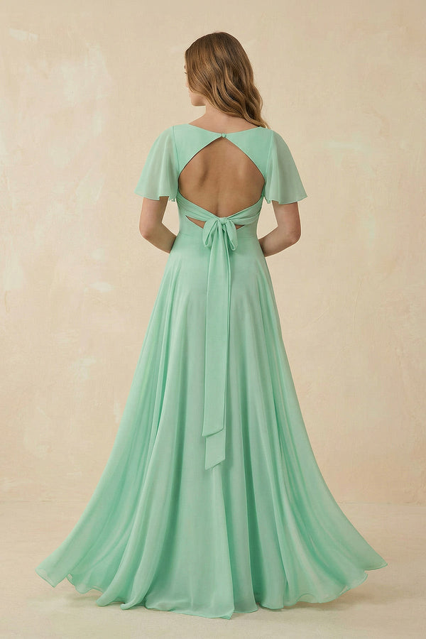 Flutter Sleeve V - Neck A - Line Chiffon Bridesmaid Dress - KISS BRIDAL Bridesmaid Dresses