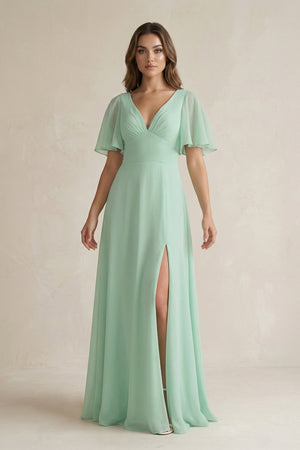 Flutter Sleeve V - Neck A - Line Chiffon Bridesmaid Dress - KISS BRIDAL Bridesmaid Dresses