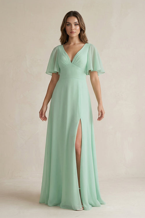 Flutter Sleeve V - Neck A - Line Chiffon Bridesmaid Dress - KISS BRIDAL Bridesmaid Dresses