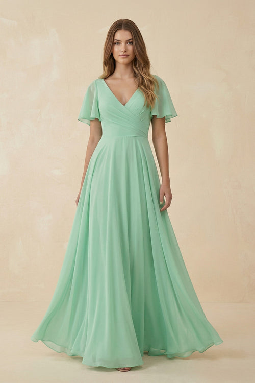 Flutter Sleeve V - Neck A - Line Chiffon Bridesmaid Dress - KISS BRIDAL Bridesmaid Dresses