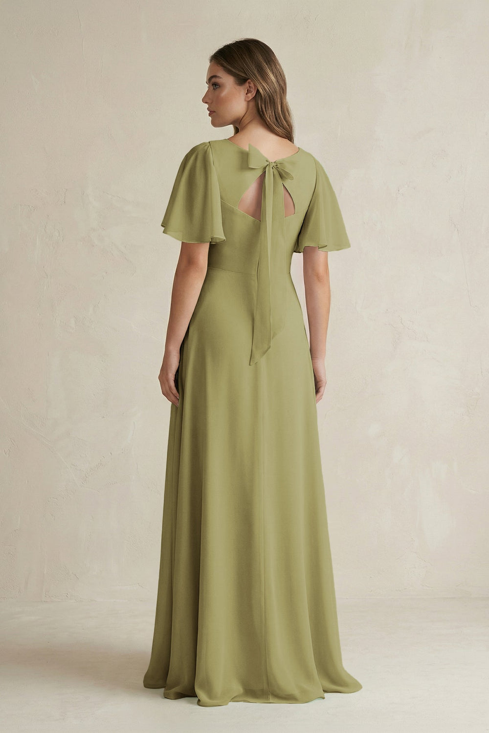 Flutter Sleeve V-Neck A-Line Chiffon Bridesmaid Dress in Moss Green