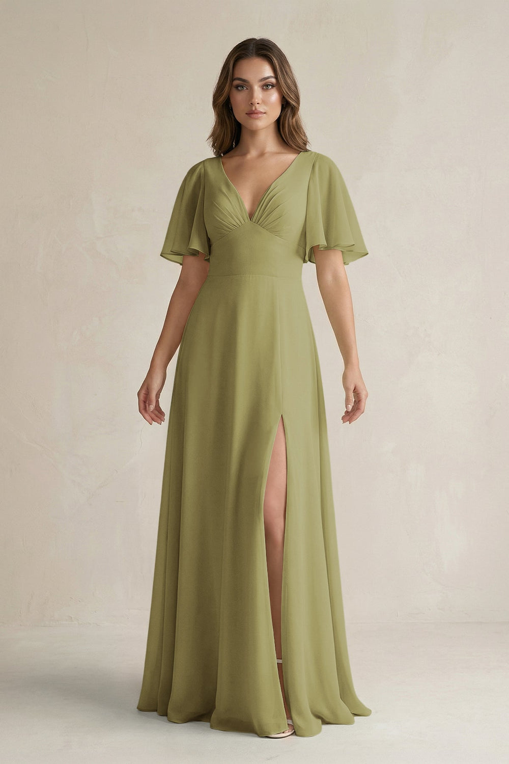 Flutter Sleeve V-Neck A-Line Chiffon Bridesmaid Dress in Moss Green
