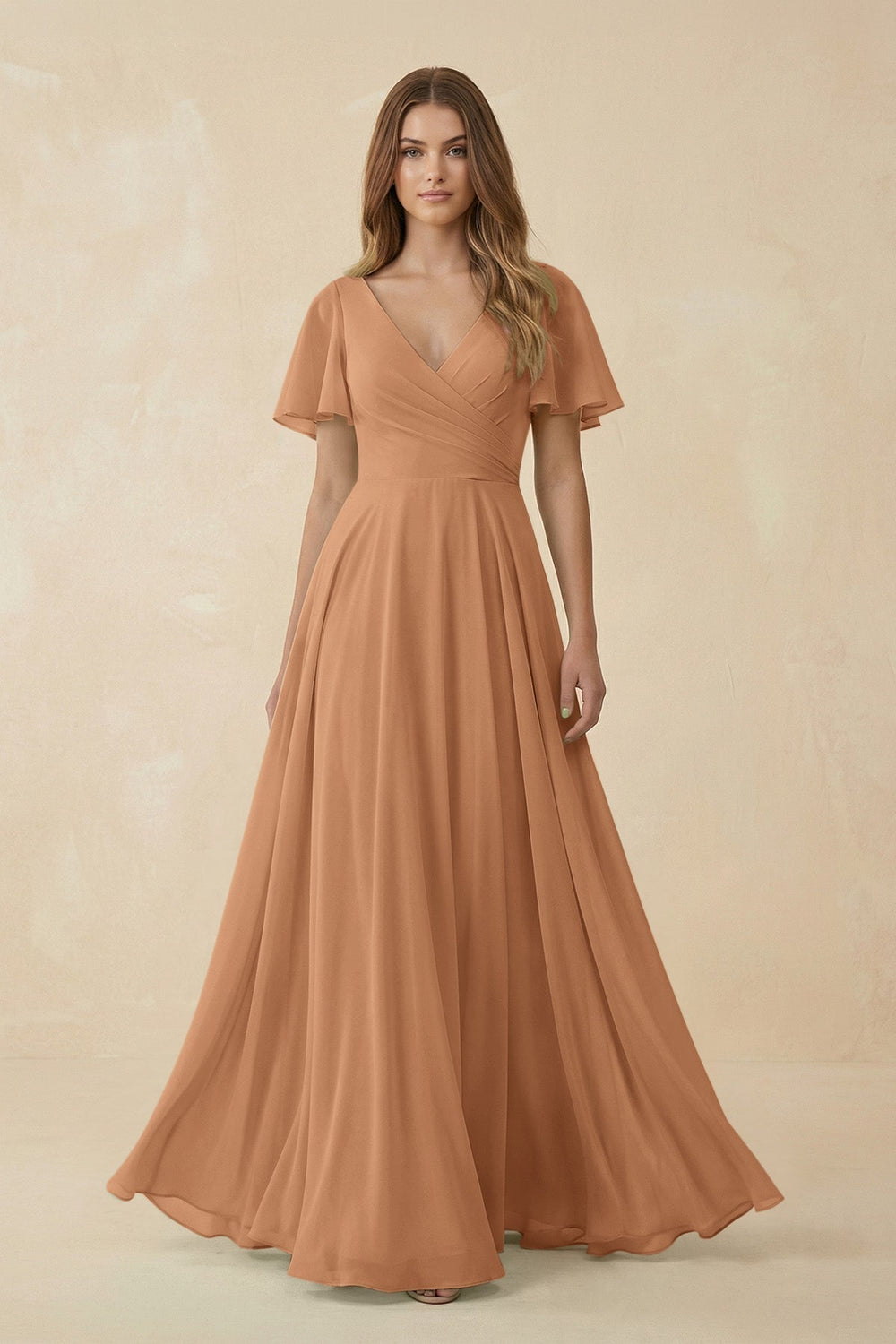 Flutter Sleeve V-Neck Chiffon A-Line Bridesmaid Dress in Bronzer