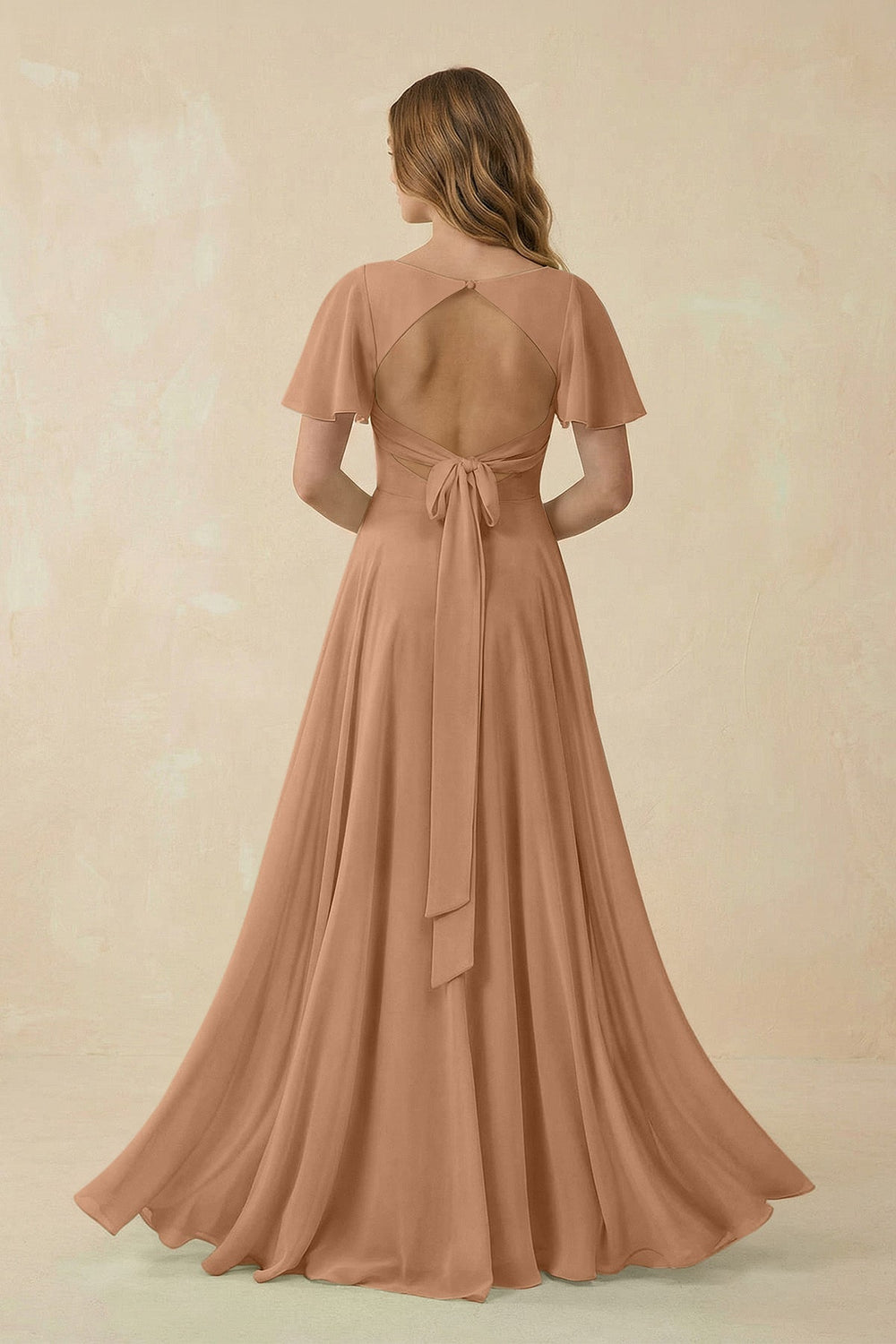 Flutter Sleeve V-Neck Chiffon A-Line Bridesmaid Dress in Bronzer
