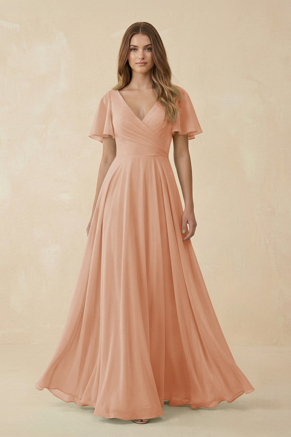 Flutter Sleeve V-Neck Chiffon A-Line Bridesmaid Dress in Champagne Rose