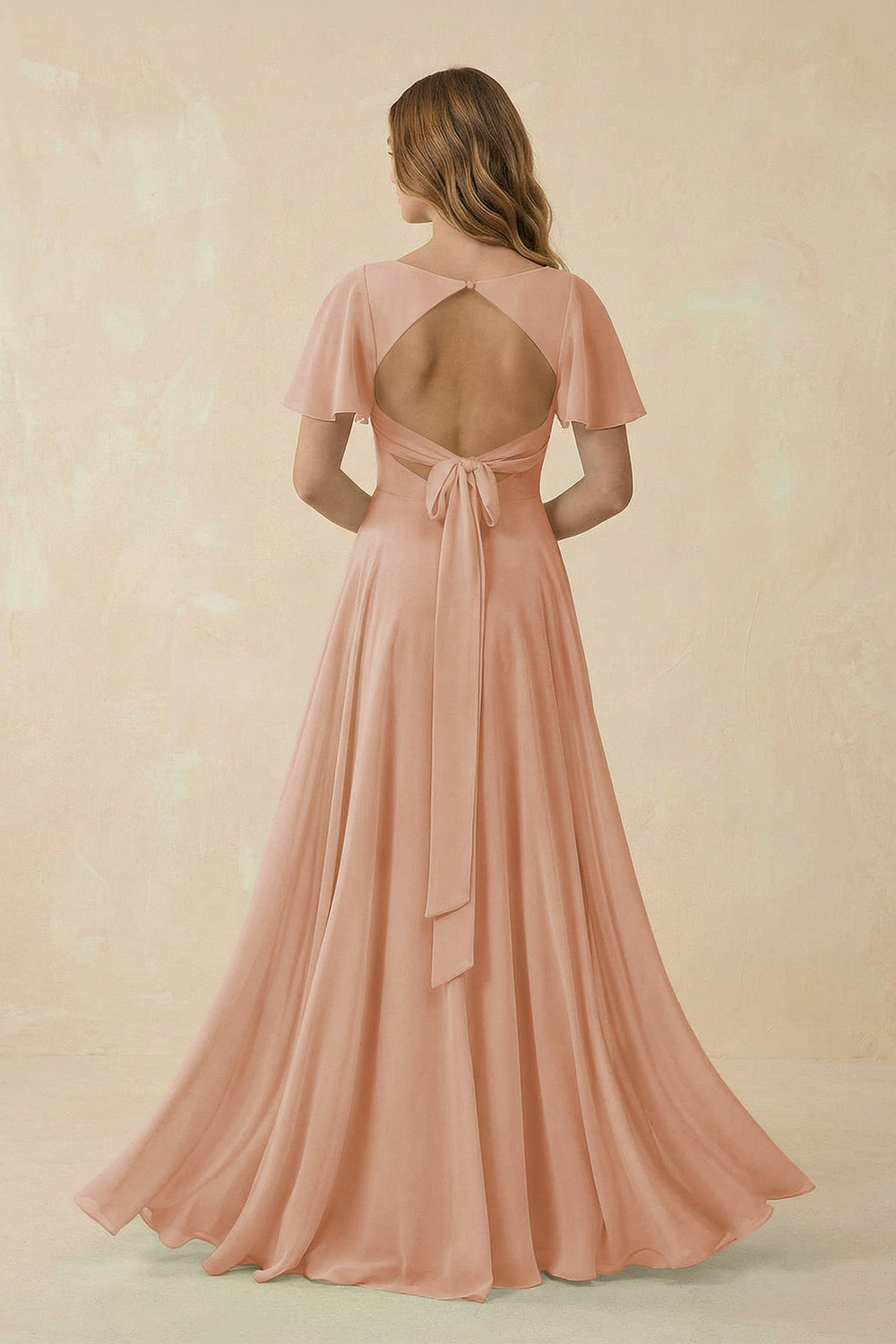 Flutter Sleeve V-Neck Chiffon A-Line Bridesmaid Dress in Champagne Rose